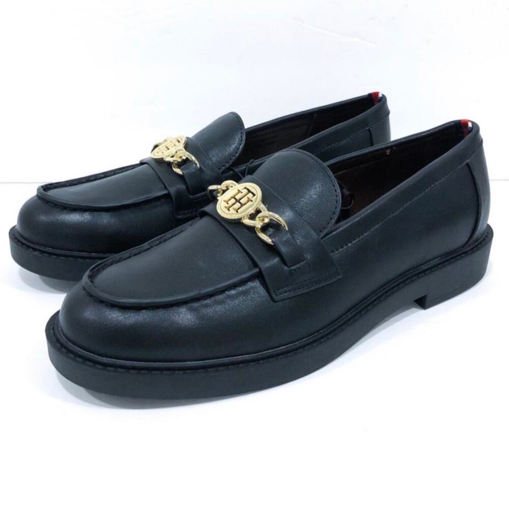 Tommy Hilfiger Terina Black Loafers Gold Chain Logo Flats
